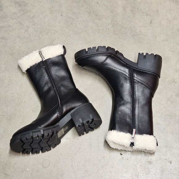 Black Winter Boots With Faux Fur Trim & Chunky Sole - Womens Mid-Calf Style With - Picture 7 of 7